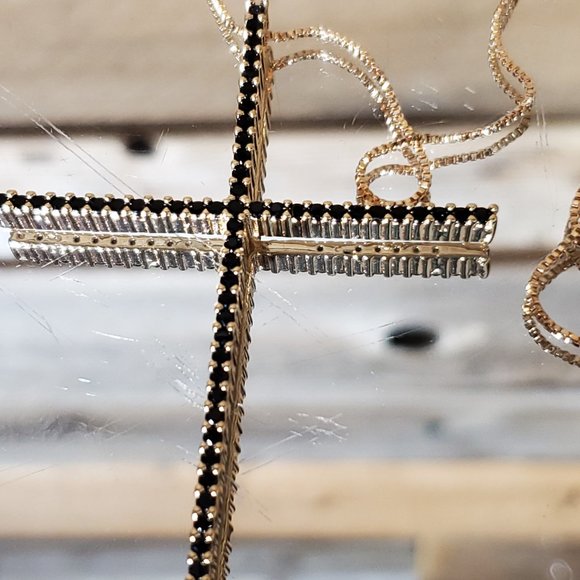 AAA Black Zircon & Gold Cross Necklace.   3" Across - Picture 7 of 11